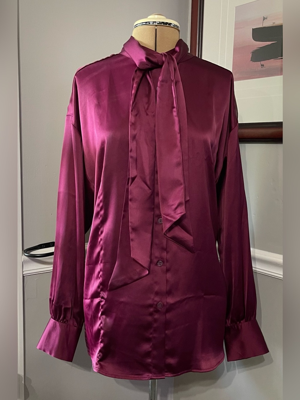 LOFT sz XL Silky Tie-Neck Blouse in Deep Wine